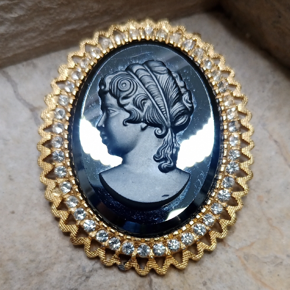 Carved Hematite Cameo Brooch Pendant